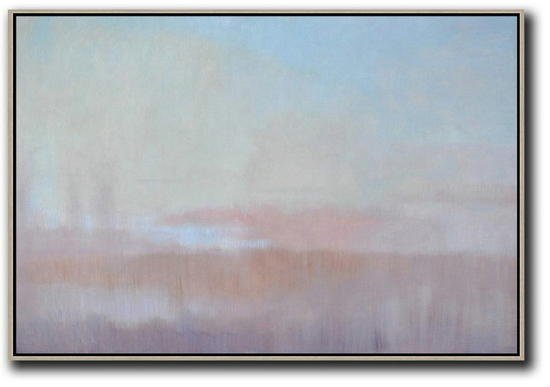 Large Abstract Painting On Canvas,Horizontal Abstract Landscape Oil Painting On Canvas,Hand-Painted Contemporary Art,Sky Blue,Pink,Light Blue,Purple.etc